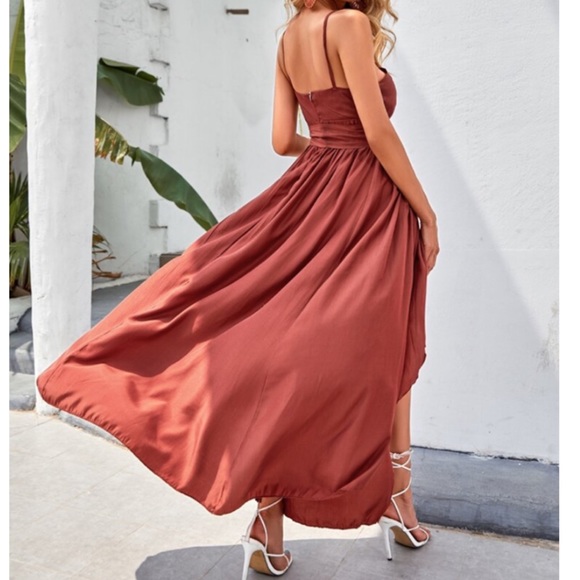 SOLD OUT CLEARANCE Brown Sexy High Slit Plunge Belted Dress - Picture 2 of 6